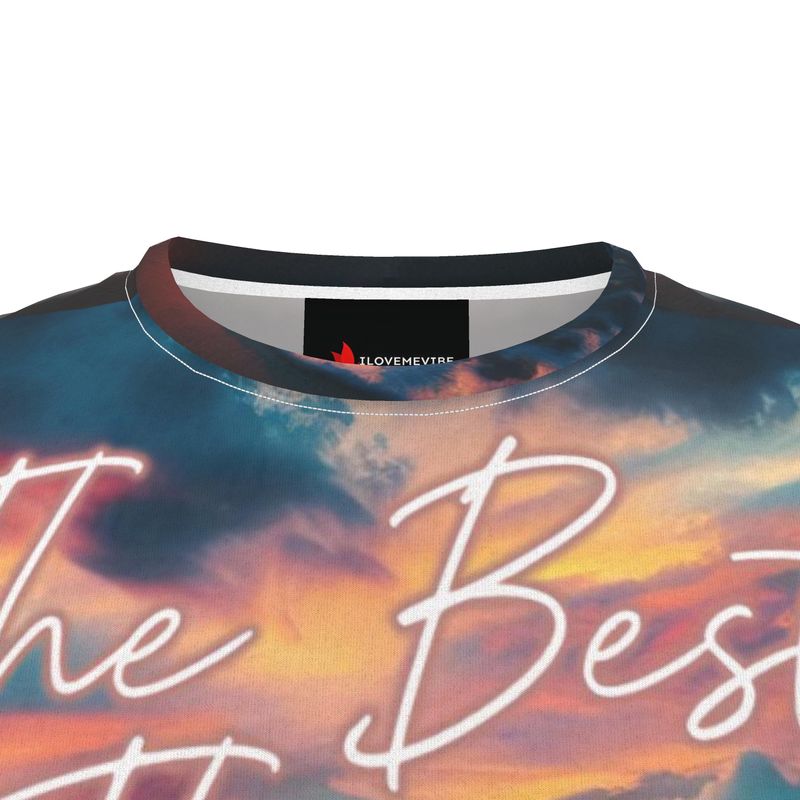 All-over print men's T-shirt by I Love Me Vibe with inspirational "The Best Things in Life Are Free" design on recycled poly jersey fabric.
