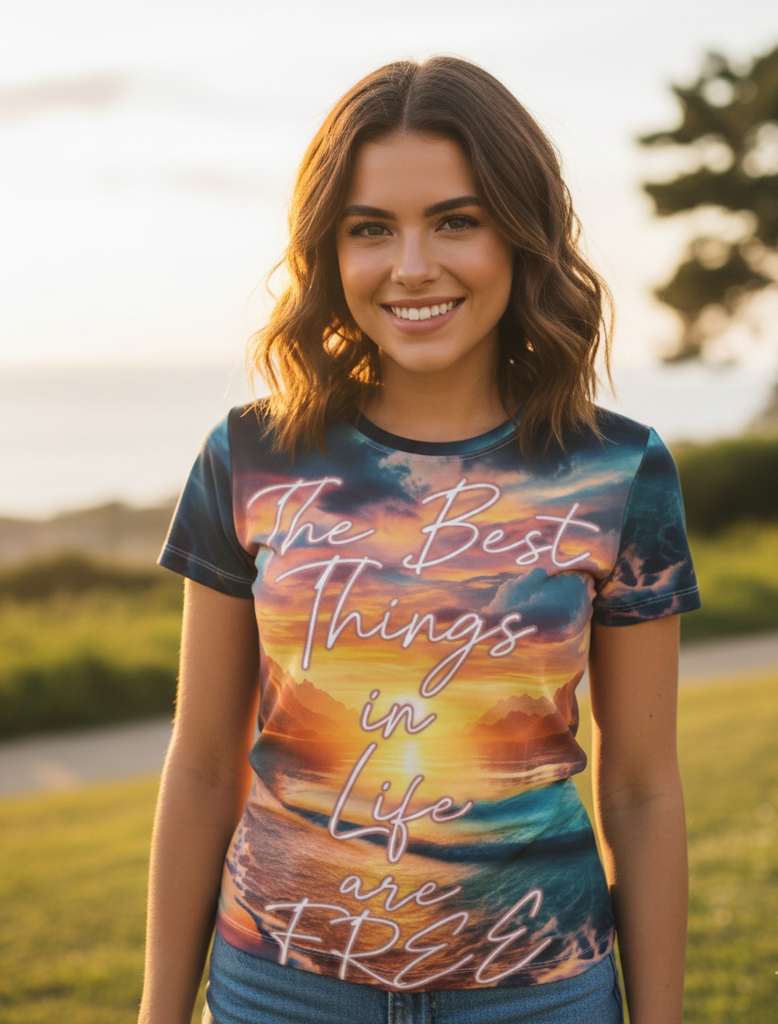 Women’s I Love Me Vibe T-Shirt with inspirational "The Best Things in Life Are Free" slogan on soft fabric.