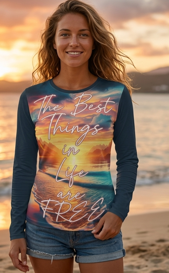 Women's long sleeve shirt by I Love Me Vibe with "The Best Things in Life Are Free" gratitude message, casual and comfortable.