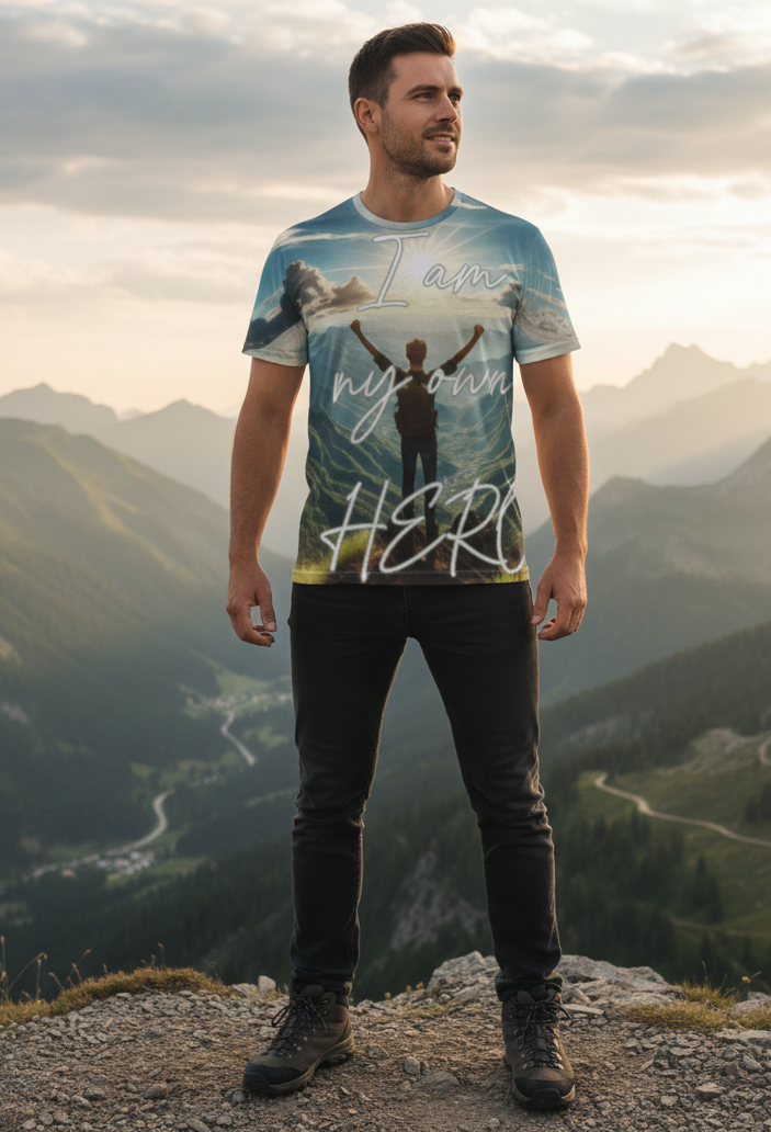 Men's all-over print T-shirt from I Love Me Vibe featuring motivational "I’m My Own Hero" design on a casual tee.