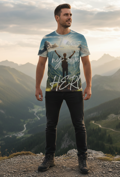 Men's all-over print T-shirt from I Love Me Vibe featuring motivational "I’m My Own Hero" design on a casual tee.