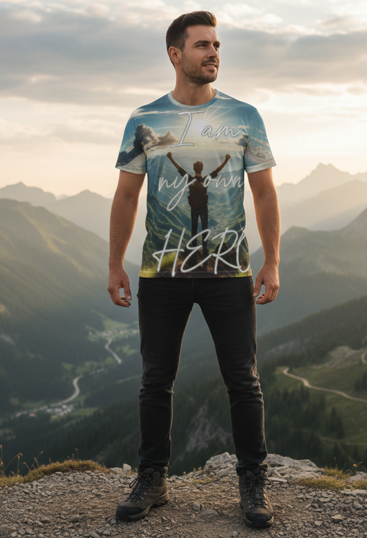 Men's all-over print T-shirt from I Love Me Vibe featuring motivational "I’m My Own Hero" design on a casual tee.