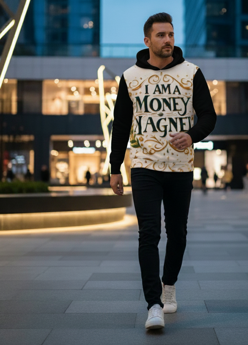 Men's hoodie by I Love Me Vibe featuring "I Am a Money Magnet" design, casual fit, soft fabric, and bold print for positive energy.