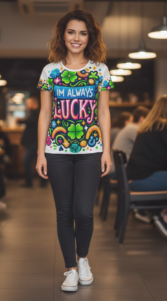 Women’s I Love Me Vibe T-shirt with “I’m Always Lucky” motivational message, casual fit, white fabric, front view.