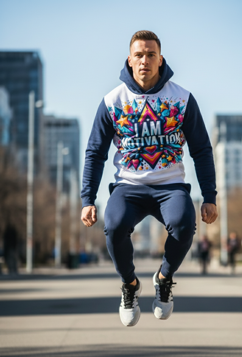 Men's I Am Motivation Hoodie by I Love Me Vibe, high-vibe affirmation hoodie, featuring bold motivational text on front.
