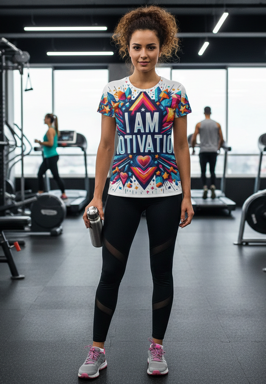 Women’s I Am Motivation T-Shirt by I Love Me Vibe featuring inspirational text and casual fit for confident style.