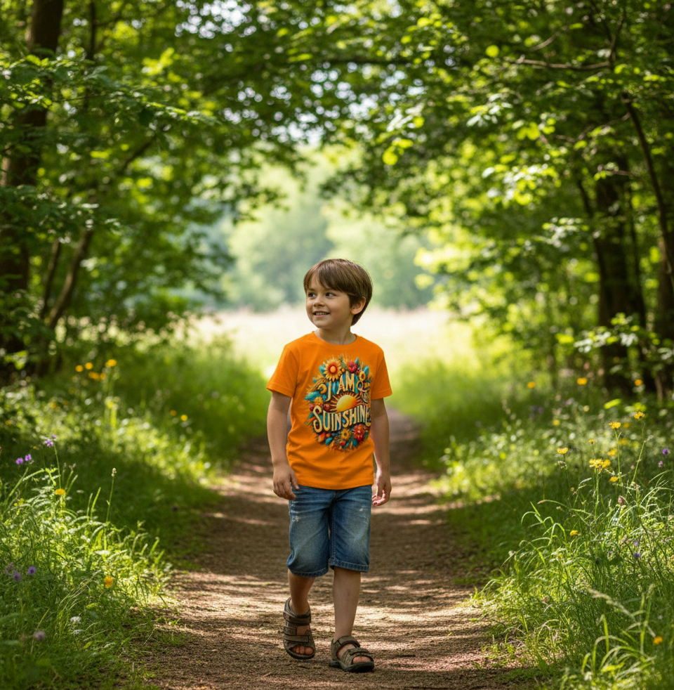 Girls' orange T-shirt by I Love Me Vibe featuring "I Am the Sunshine" slogan, bright and cheerful casual kids' tee.