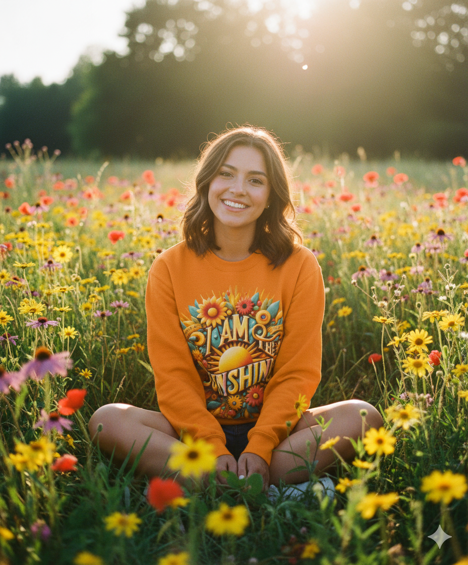 Women's I Am the Sunshine sweatshirt by I Love Me Vibe featuring positive affirmation and cheerful sunshine design.
