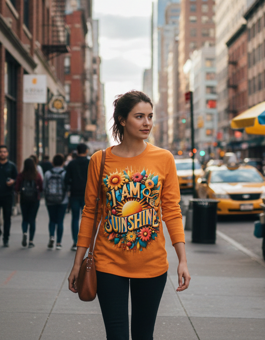 Long sleeve women's shirt by I Love Me Vibe with positive affirmation "I Am the Sunshine" and vibrant yellow design.