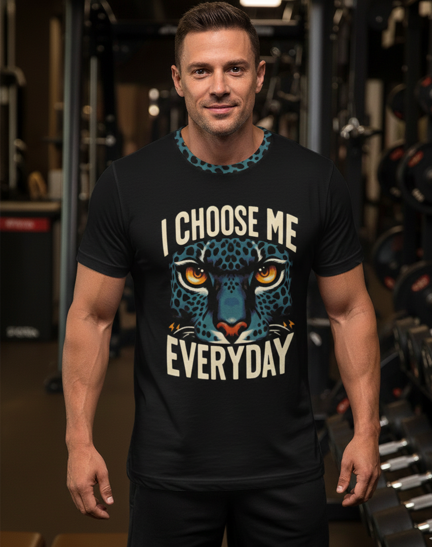 Men's all-over print T-shirt from I Love Me Vibe with "I Choose Me Every Day" self-love design on a casual cut and sew tee.