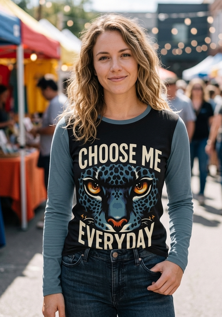 Women's long sleeve shirt from I Love Me Vibe with "I Choose Me Every Day" self-love empowerment message.