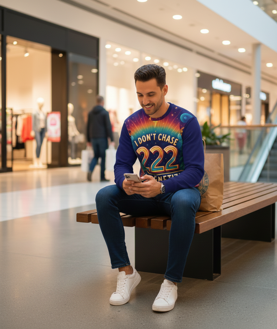Men’s I Don’t Chase I Magnetize 222 sweatshirt by I Love Me Vibe featuring angel number manifestation design.