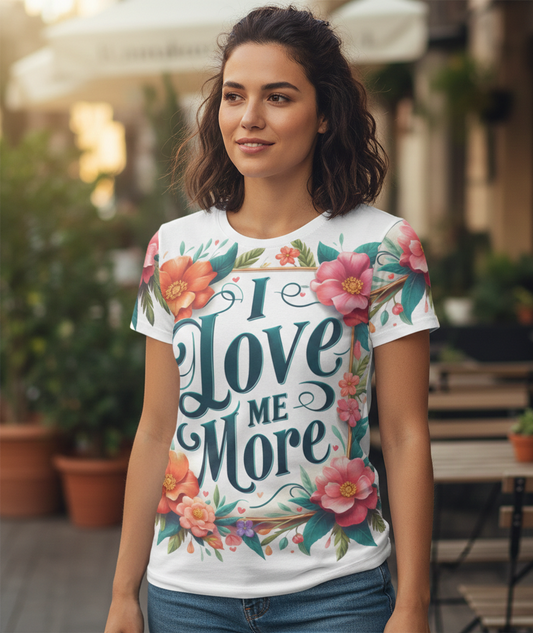 Women’s I Love Me More T-Shirt by I Love Me Vibe featuring a self-love motivational message in soft fabric.