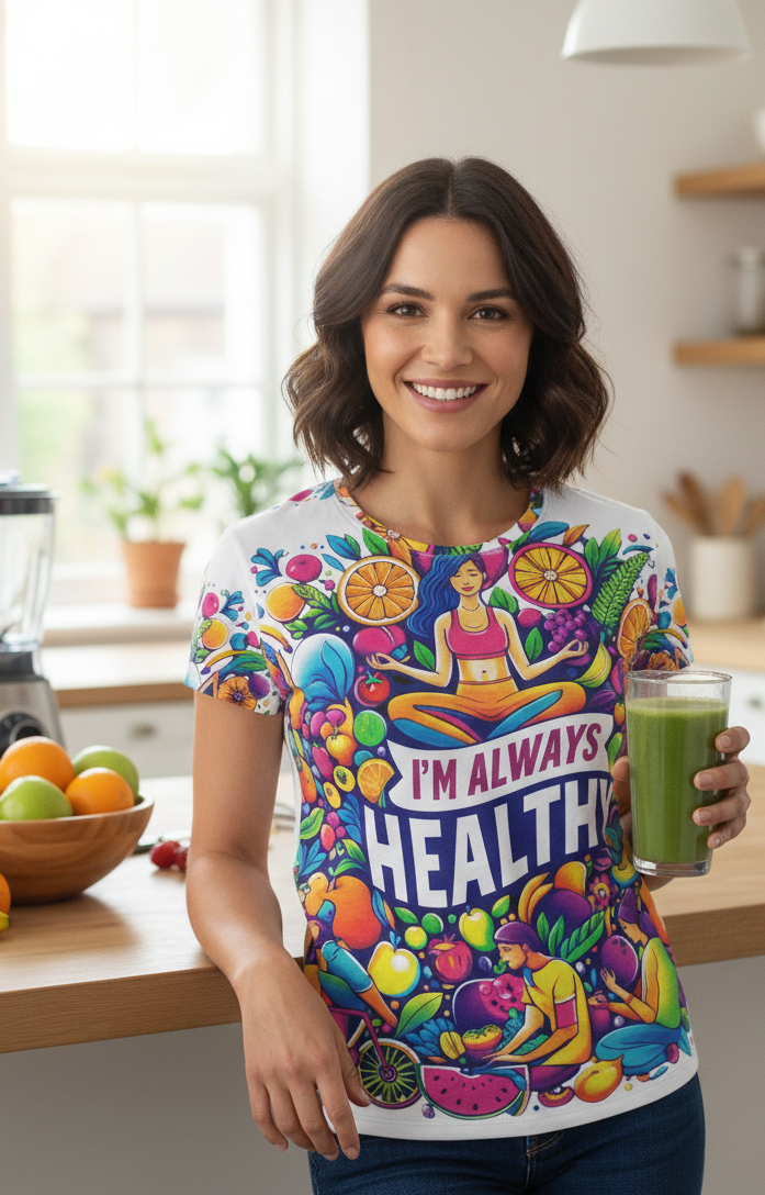Women’s I’m Always Healthy T-shirt by I Love Me Vibe featuring motivational text on a casual women's T-shirt.