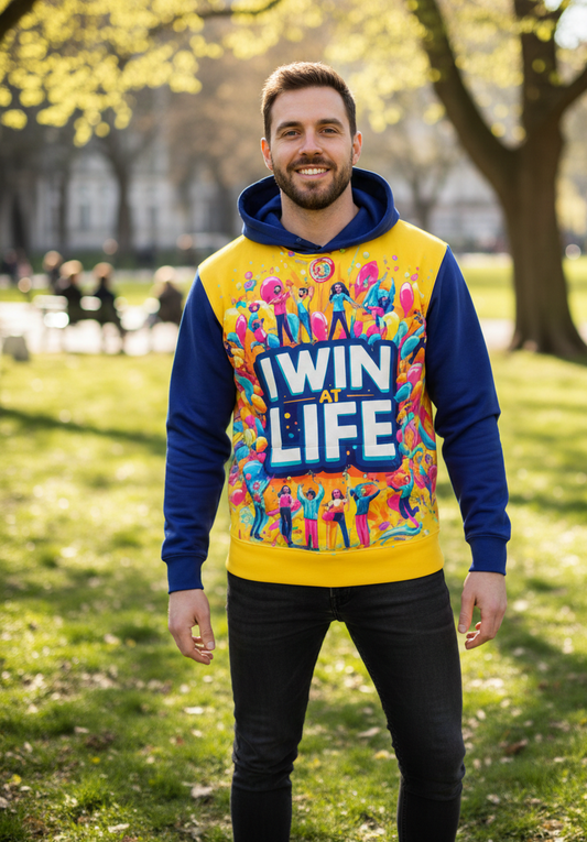 Men's I Win at Life hoodie by I Love Me Vibe featuring positive affirmation and confidence-themed design.