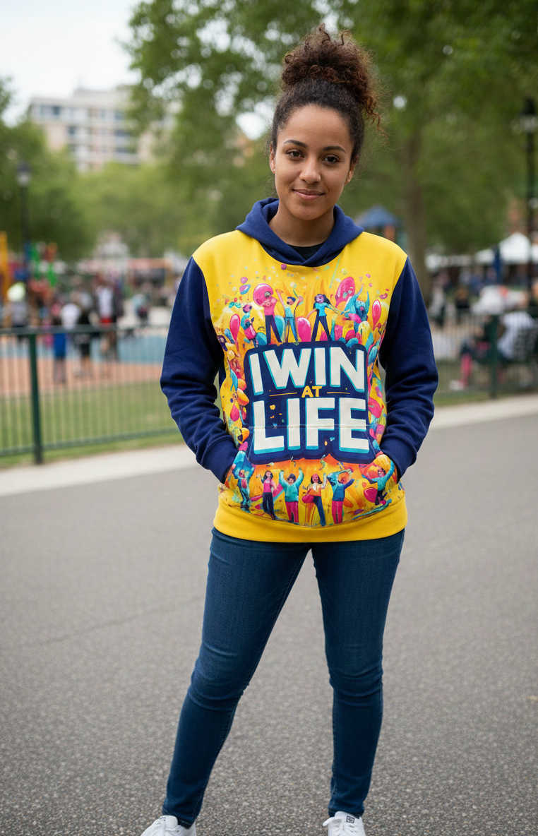 Women's I Win at Life hoodie by I Love Me Vibe, featuring positive affirmation design for confidence and success.