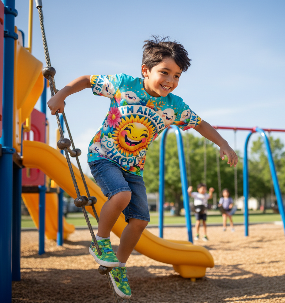 Blue kids' T-shirt from I Love Me Vibe with "I'm Always Happy" positive message, featuring a comfortable premium design for children.