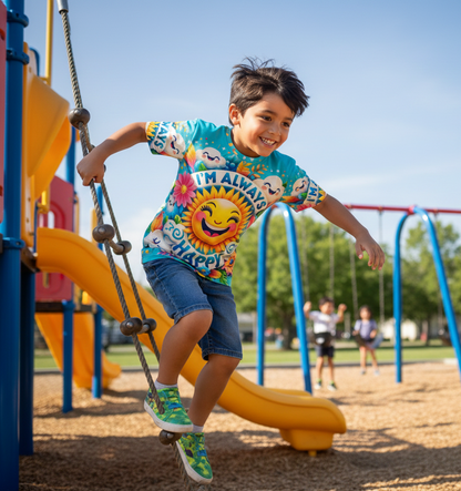 Blue kids' T-shirt from I Love Me Vibe with "I'm Always Happy" positive message, featuring a comfortable premium design for children.