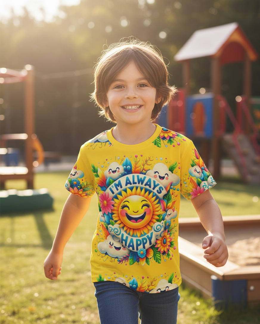 Yellow kids' T-shirt from I Love Me Vibe with "I’m Always Happy" positive message, simple and comfortable for children.