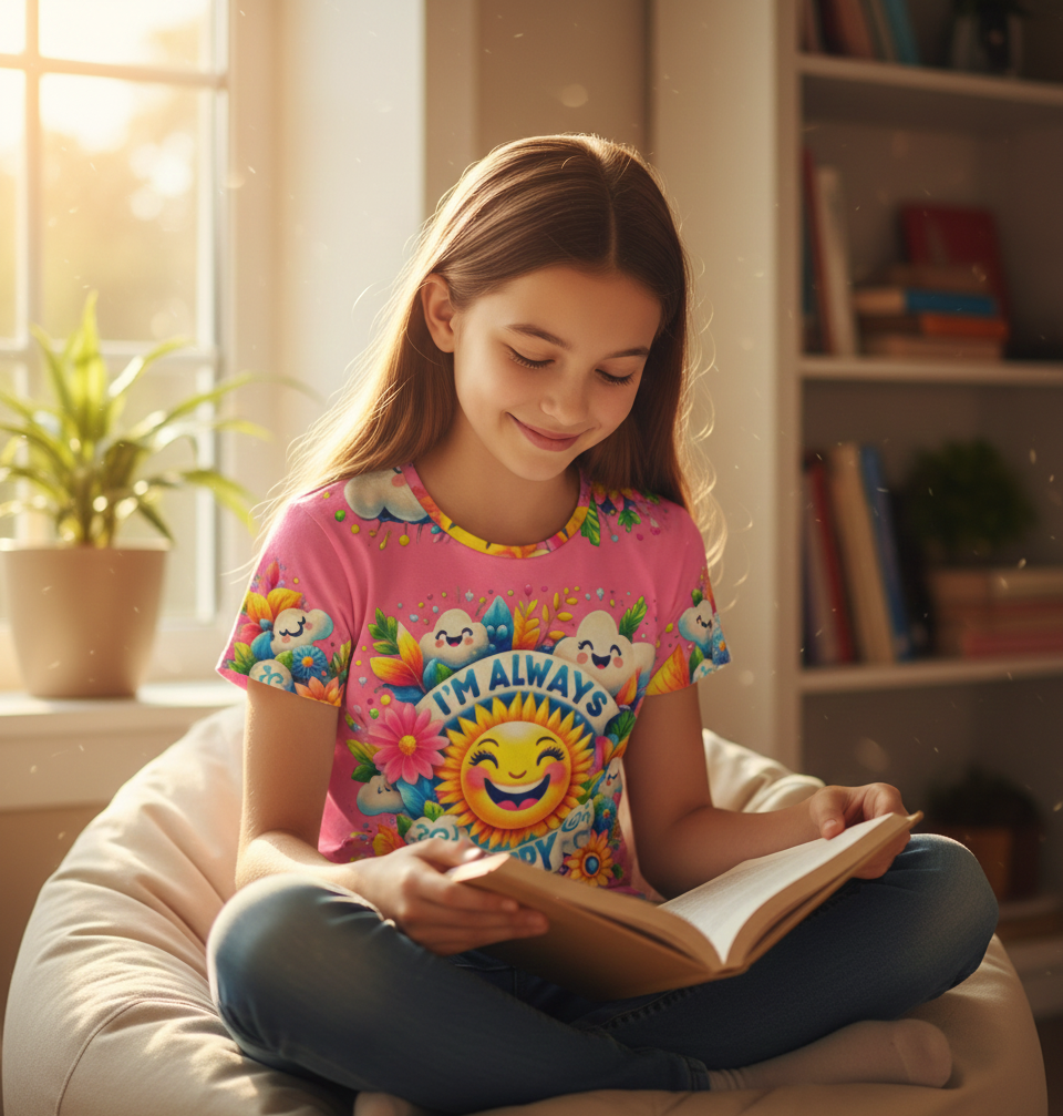 Pink girls' T-shirt by I Love Me Vibe with "I'm Always Happy" positive message, simple design for kids.