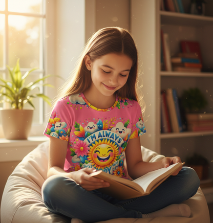 Pink girls' T-shirt by I Love Me Vibe with "I'm Always Happy" positive message, simple design for kids.
