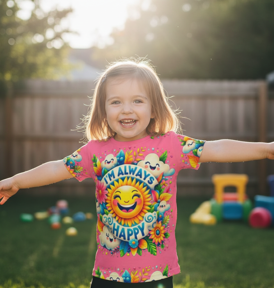 Pink girls' T-shirt from I Love Me Vibe with "I’m Always Happy" positive message, featuring a simple, cheerful design.