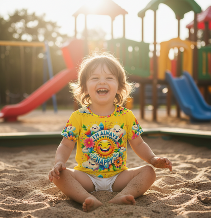 Yellow kids' T-shirt by I Love Me Vibe featuring "I'm Always Happy" positive message, casual and comfortable for children.