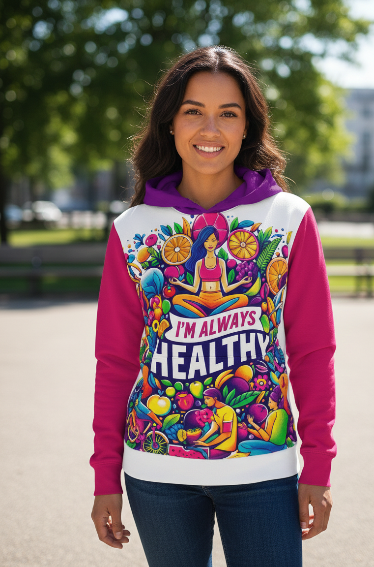 Pink women's I Love Me Vibe hoodie featuring wellness affirmation and drawstring details, comfortable and casual for everyday wear.