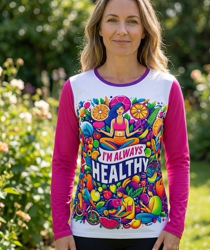 Pink women’s long sleeve shirt from I Love Me Vibe featuring wellness affirmation “I’m Always Healthy” for women.