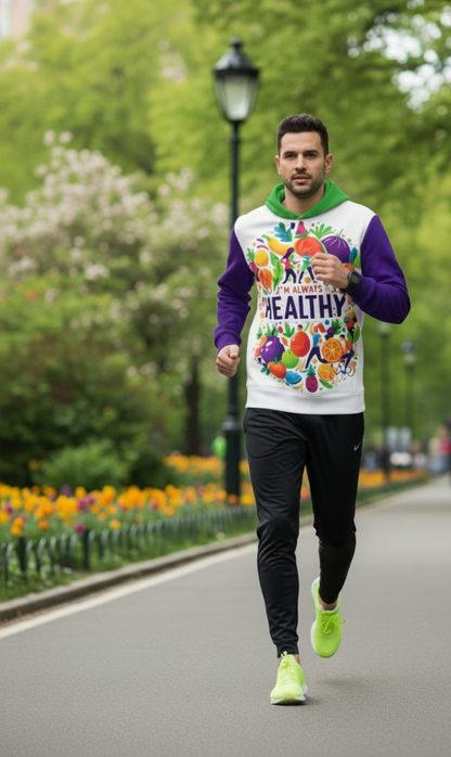 Men's hoodie from I Love Me Vibe with "I’m Always Healthy" affirmation, soft fabric, and comfortable fit.