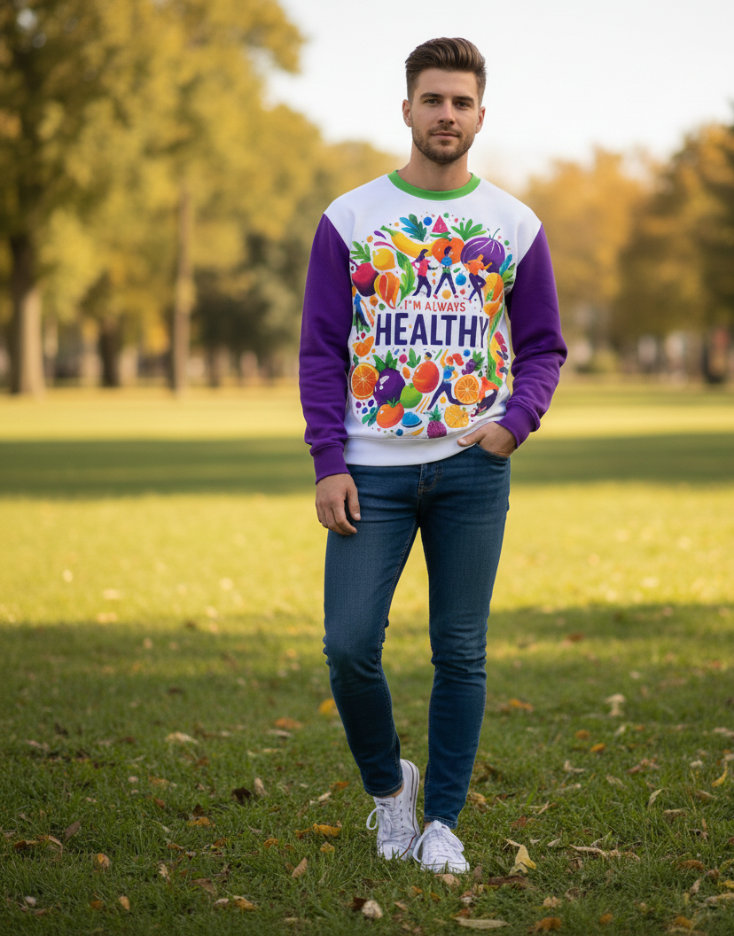 Men's I Love Me Vibe sweatshirt with "I'm Always Healthy" wellness affirmation, featuring a comfortable fit and stylish design.