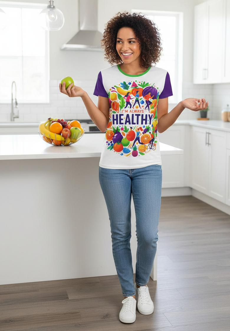 Women's I Love Me Vibe T-Shirt with positive affirmation "I'm Always Healthy" in black, casual fit, soft fabric, front view.