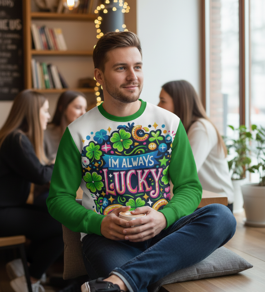 I Love Me Vibe I’m Always Lucky men's sweatshirt featuring positive affirmation and manifestation design in soft fabric.