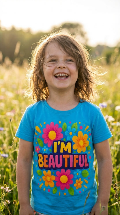 Blue kids' T-shirt from I Love Me Vibe with positive affirmation "I'm Beautiful" printed on the front.