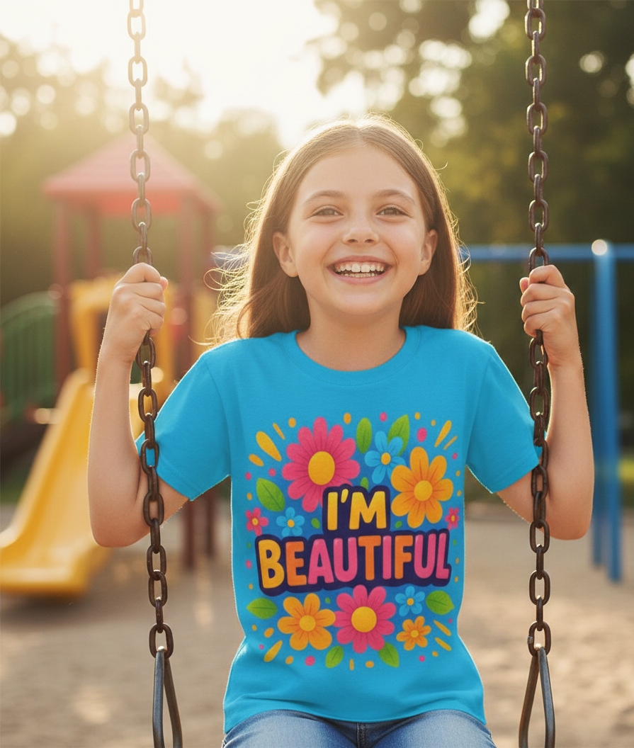 Cute blue kids' T-shirt from I Love Me Vibe featuring positive affirmation "I'm Beautiful" for girls.