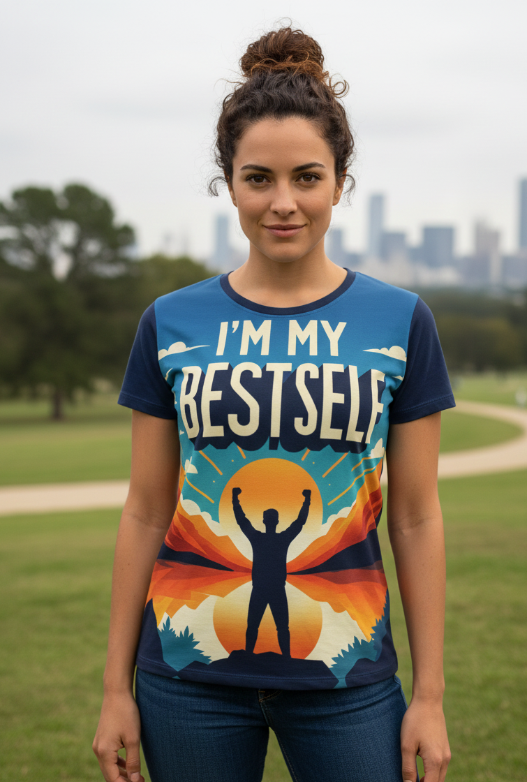 Women's I Love Me Vibe T-shirt with positive affirmation "I'm My Best Self" printed on soft, comfortable fabric.