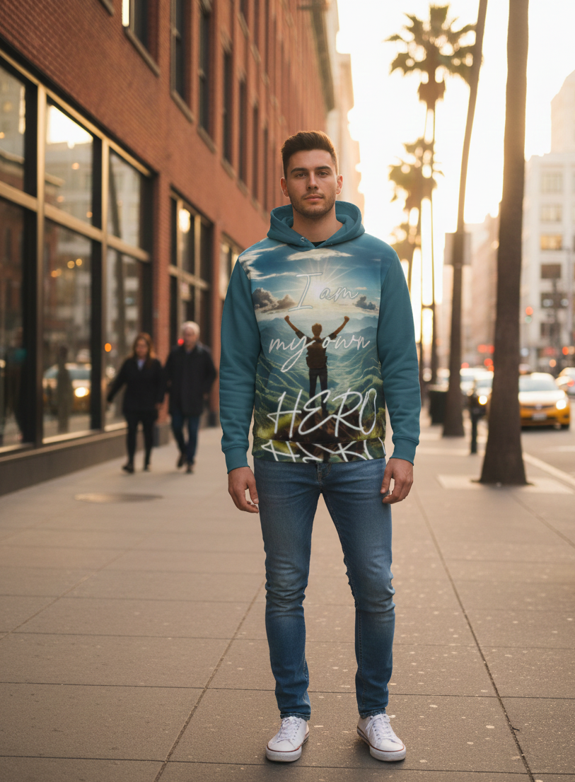 Men's I Am My Own Hero hoodie by I Love Me Vibe featuring bold self-empowerment affirmation and comfortable hoodie style.