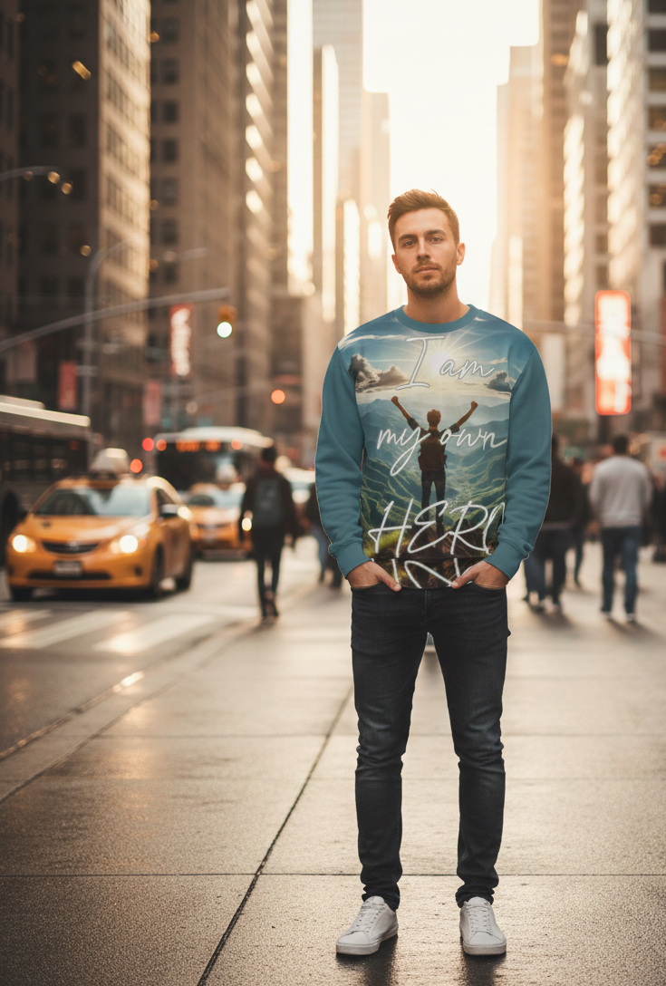 Gray I Love Me Vibe sweatshirt with "I'm My Own Hero" self-love affirmation text, casual men's sweatshirt for positive vibes.