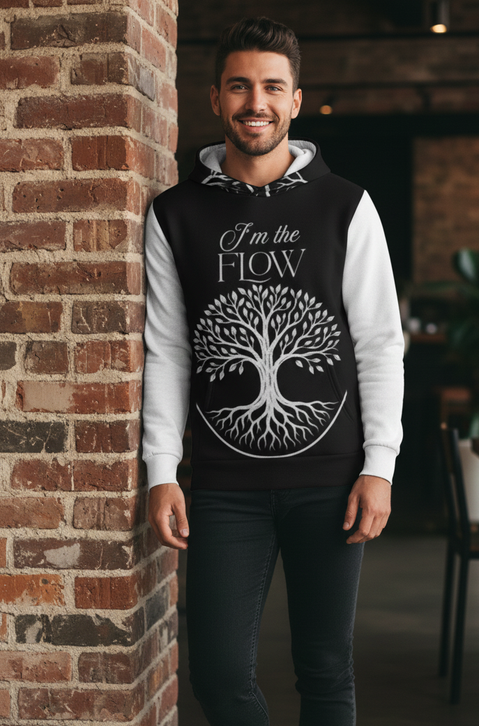 I Love Me Vibe I’m the Flow men's hoodie with manifestation and alignment design, displayed on a hanger against a white background.