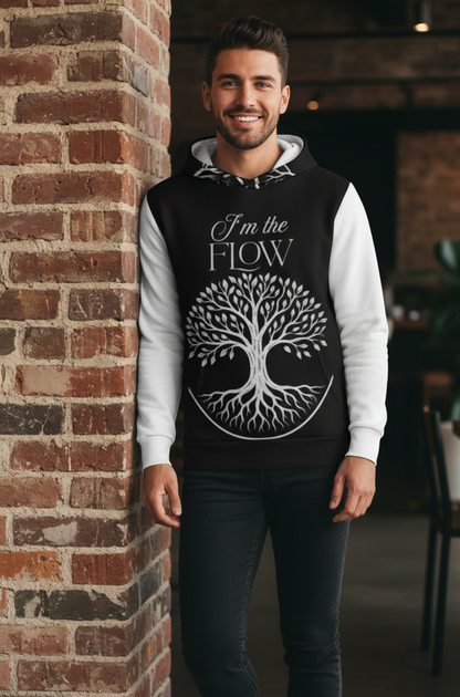 I Love Me Vibe I’m the Flow men's hoodie with manifestation and alignment design, displayed on a hanger against a white background.