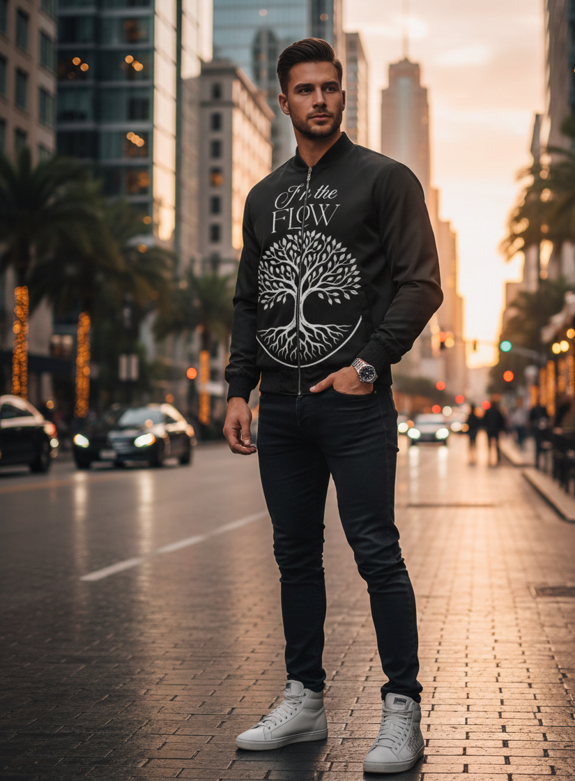 Men's I Love Me Vibe bomber jacket with empowering "I’m The Flow" affirmation design, stylish outerwear for confident men.