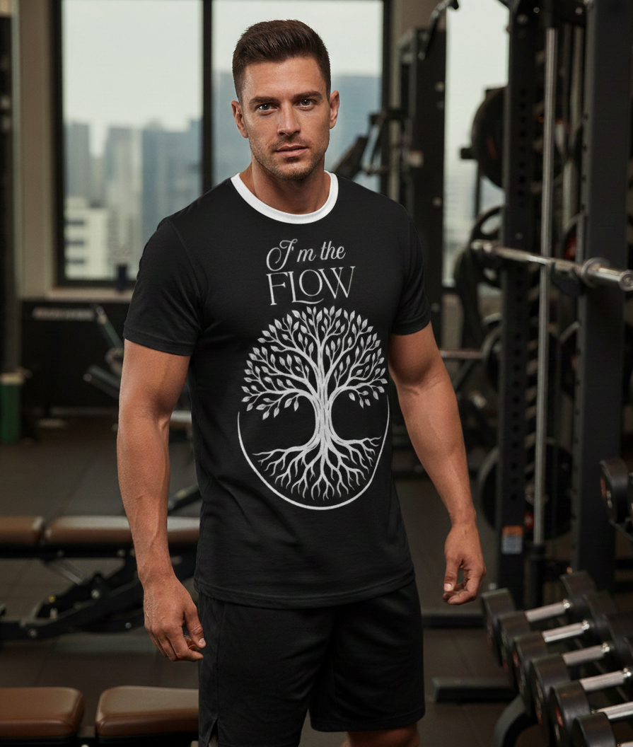 Men's all-over print T-shirt by I Love Me Vibe featuring empowering "I'm The Flow" affirmation design.
