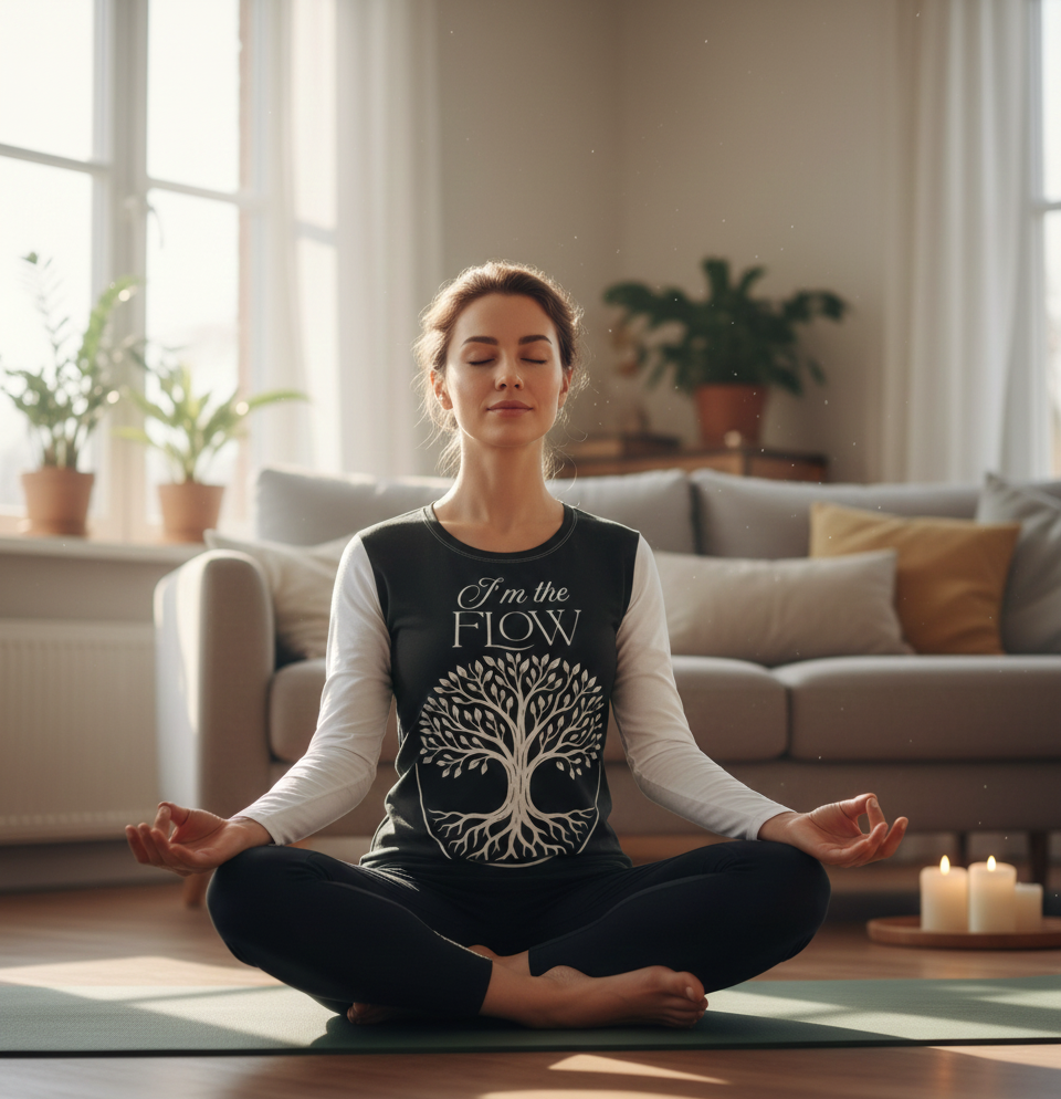 Women’s long sleeve shirt from I Love Me Vibe featuring Tree of Life design and spiritual flow affirmation.