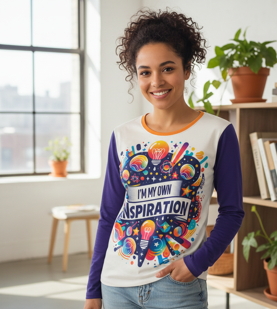 Women’s long sleeve shirt by I Love Me Vibe featuring empowering “I’m My Own Inspiration” message, casual and stylish.