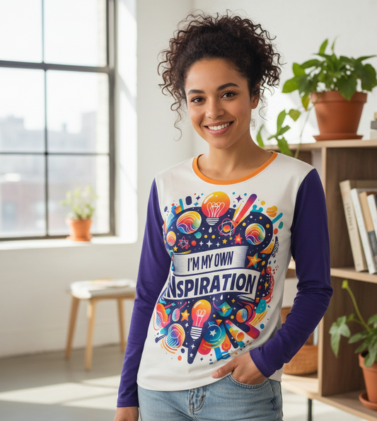 Women’s long sleeve shirt by I Love Me Vibe featuring empowering “I’m My Own Inspiration” message, casual and stylish.