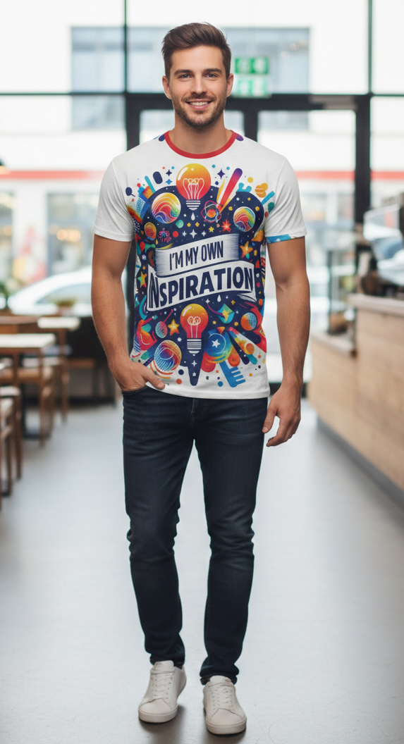 Men's all-over print T-shirt by I Love Me Vibe featuring motivational "I'm My Own Inspiration" design and vibrant artwork.
