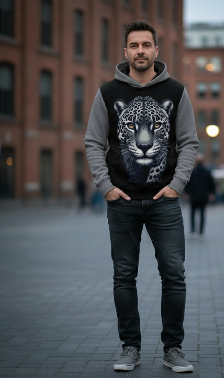 Walking Leopard men's hoodie by I Love Me Vibe featuring a bold leopard print design and comfortable fit.