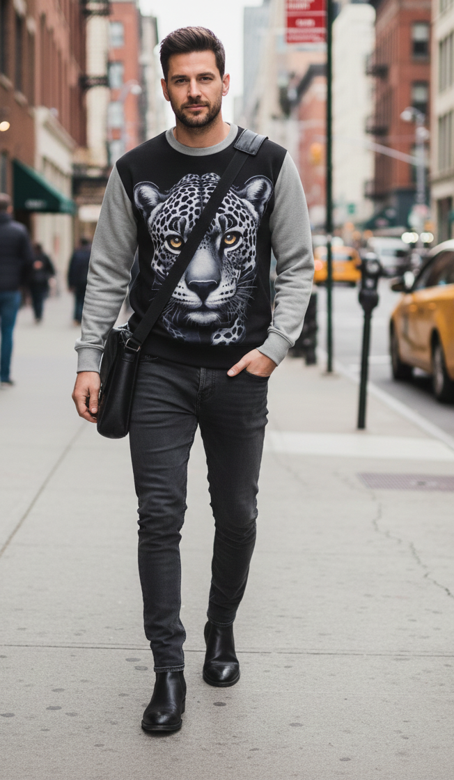 Walking Leopard men's sweatshirt by I Love Me Vibe featuring a bold leopard print design and comfortable fit.