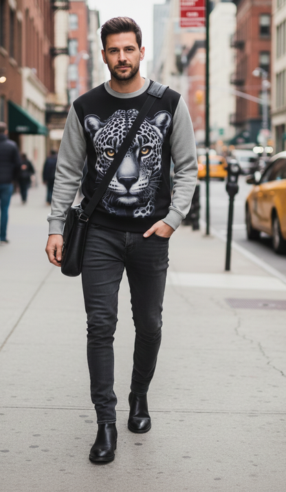 Walking Leopard men's sweatshirt by I Love Me Vibe featuring a bold leopard print design and comfortable fit.