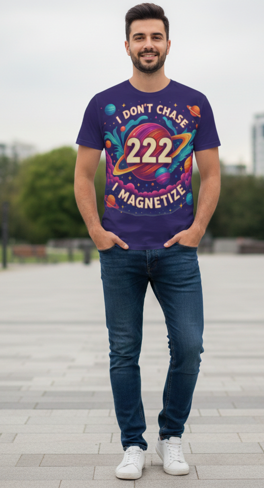 Men's purple all-over print T-shirt by I Love Me Vibe featuring "I Don’t Chase, I Magnetize 222" affirmation design.